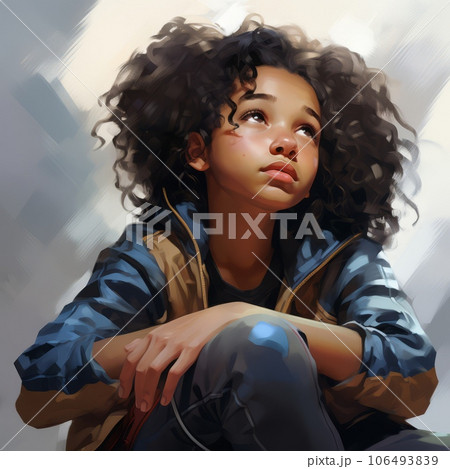 Black girl in thinking and doubts pose oil painted illustration. Female character with dreamy face on abstract background. Ai generated acrylic canvas bright poster. 106493839