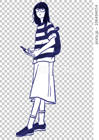 Girl with glasses reading while carrying a backpack 106494054