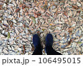 The feet of a man wearing colored sneakers stood on the ground of a dry leaf. 106495015