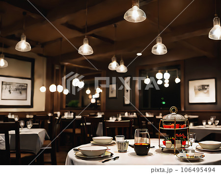 Realistic tea cozy detailed warm neutral restaurant 106495494