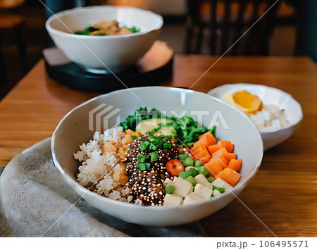 Realistic poke bowl neutral palette warm lighting 106495571