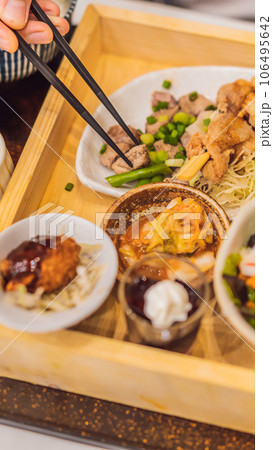 Japanese bento set. Food at a Japanese restaurant VERTICAL FORMAT for Instagram mobile story or stories size. Mobile wallpaper 106495642