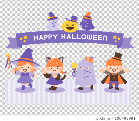 Illustration material of children wearing Halloween costumes and ribbon decorations 106495991