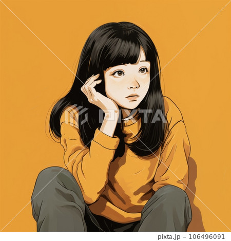 Asian girl in thinking and doubts cartoon illustration. Cute kid character with dreamy face on abstract background. Ai generated bright drawn colorful poster. 106496091