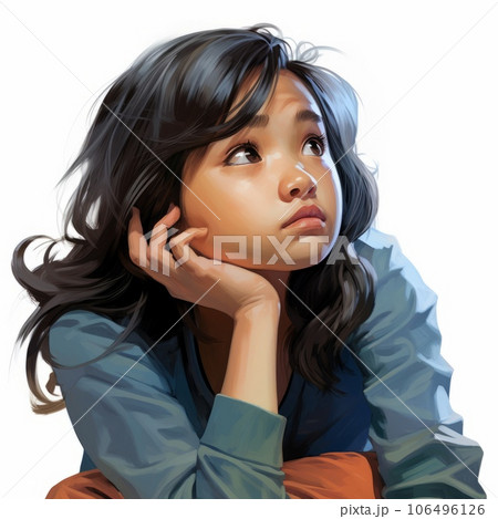 Asian girl in thinking and doubts realistic illustration. Young woman character with dreamy face on abstract background. Ai generated bright colorful poster. 106496126