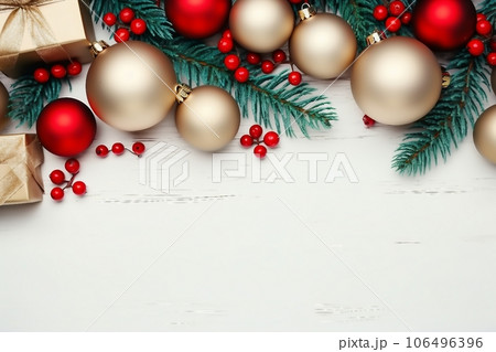 Christmas or New Year background, plain composition made of Xmas decorations and fir branches, flat lay, blank space for a greeting text Christmas or New Year background, plain composition made of Xmas decorations and fir branches, flat lay, blank space for a greeting text 106496396
