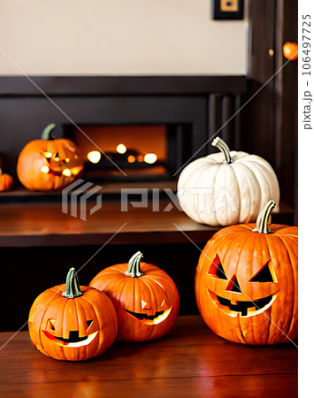 Realistic pumpkin Halloween warm lighting cozy restaurant. 106497725