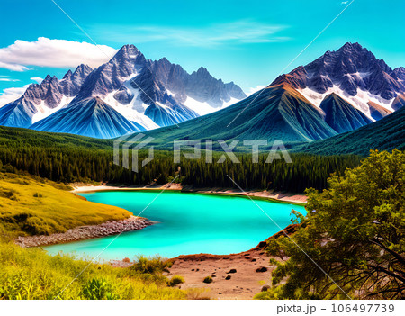 mountainous tropical scenes with golden ink lines. mountainous tropical scenes with golden ink lines. 106497739