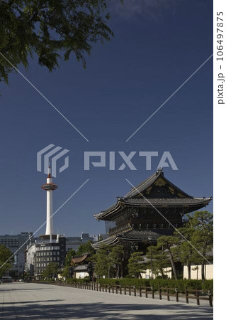 京都タワーと東本願寺（御影堂門）と京都駅ビル（縦構図） 106497875