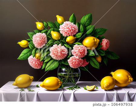 Painted background with lemons leaves and flowers. 106497938
