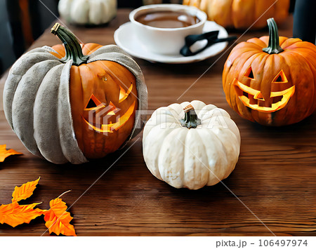 Realistic pumpkin Halloween warm lighting cozy restaurant. Realistic pumpkin Halloween warm lighting cozy restaurant. 106497974