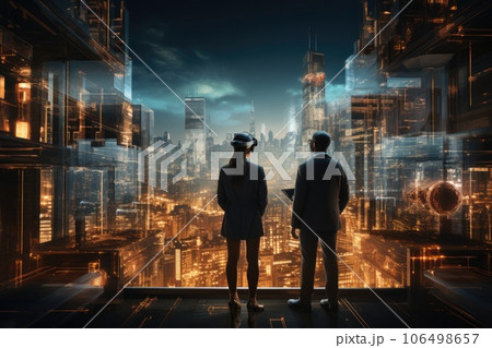 A Man and woman wearing VR headset user, surreal world and virtual reality, colorful flowers fields. Generative AI A Man and woman wearing VR headset user, surreal world and virtual reality, colorful flowers fields. Generative AI 106498657