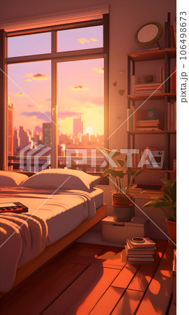 夕日が差し込む散らかったベッドルームの内観パース　Generative AI 106498673