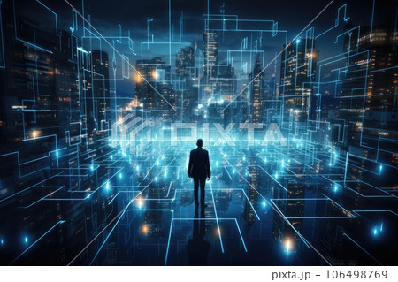 Shot of man walking Data Center, Database, Data storage, Backup, Cyber security and futuristic concept. AI Generative Shot of man walking Data Center, Database, Data storage, Backup, Cyber security and futuristic concept. AI Generative 106498769