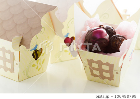 Miniature sweet bird houses favor boxes filled with gourmet truffles. 106498799