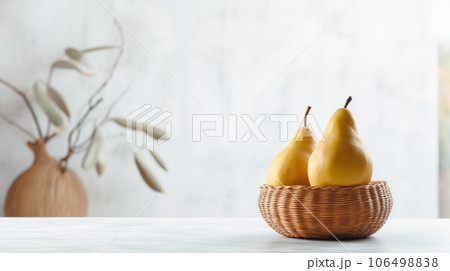 Fresh Organic Pear Fruit Photorealistic Horizontal Illustration. Healthy Vegetarian Diet. Ai Generated bright Illustration with Delicious Juicy Pear Fruit. 106498838