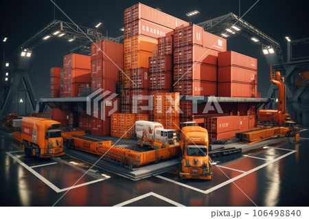 A large warehouse with rows of multiple stacks of boxes and merchandise, logistic and warehouse concept. Generative AI 106498840
