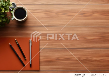 Top view Office desk with office tools, computer laptop on wood table background with copy space. Generative AI 106498939