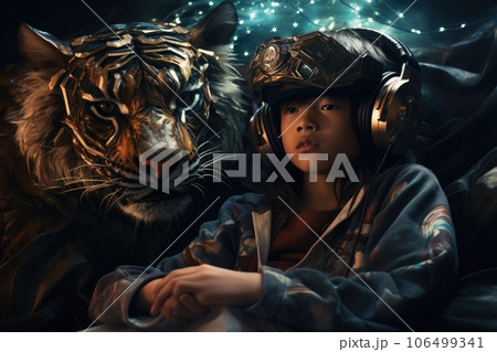 Boy wearing virtual reality headset and surreal tiger. VR goggles. Generative AI 106499341