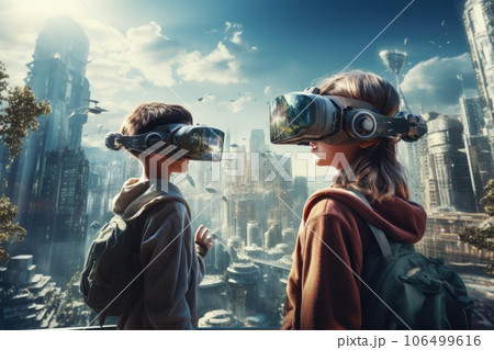 A boy and girl wearing VR headset user, surreal world and virtual reality, colorful flowers fields. Generative AI 106499616