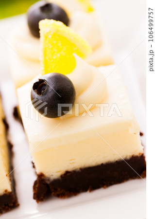 Small white chocolate cheesecake squares at dessert bar. Small white chocolate cheesecake squares at dessert bar. 106499757