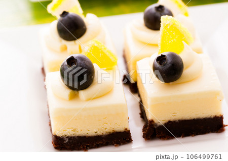 Small white chocolate cheesecake squares at dessert bar. 106499761