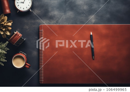Top view Office desk with office tools, computer laptop on wood table background with copy space. Generative AI Top view Office desk with office tools, computer laptop on wood table background with copy space. Generative AI 106499965