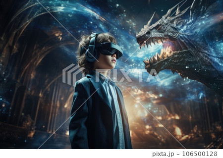 Boy wearing virtual reality headset and surreal dragon. VR goggles. Generative AI 106500128
