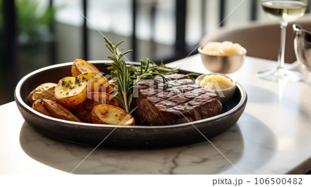 Delicious Steak and Potatoes Food Combination Photorealistic Horizontal Illustration. Classic Dinner Dish. Ai Generated bright Illustration with Delicious Aromatic Steak and Potatoes. 106500482