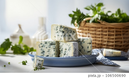 Delicious Roquefort Cheese Photorealistic Horizontal Illustration. Creamy Milk Product. Ai Generated bright Illustration with Gourmet Tasty Roquefort Cheese. 106500690