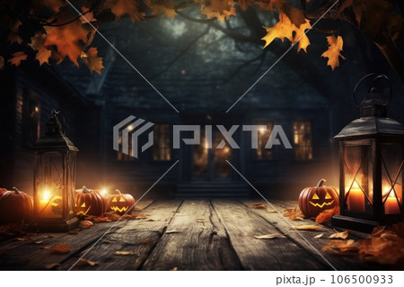 Halloween theme on wooden desk with copy space. thanksgiving. Generative AI 106500933