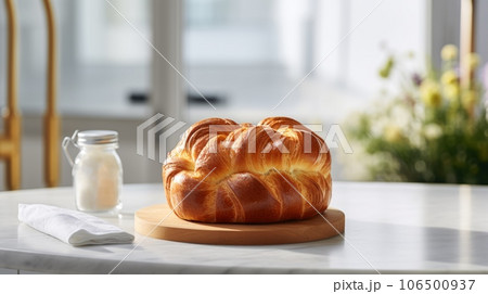 Freshly Baked Brioche Bread Photorealistic Horizontal Illustration. Crusty Pastry, Gourmet Bakery. Ai Generated bright Illustration with Aromatic Traditional Brioche Bread. 106500937