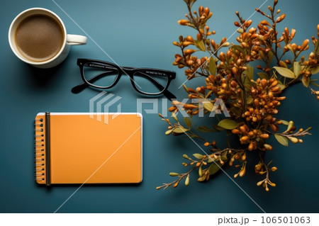 Top view Office desk with office tools, computer laptop on wood table background with copy space. Generative AI 106501063