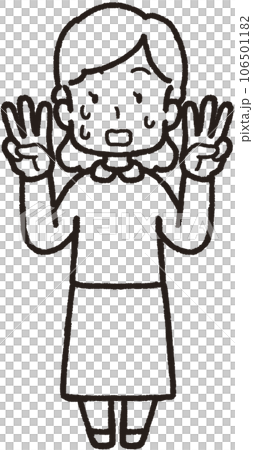 全身線畫插圖,顯示一名婦女出汗、驚慌失措,每隻手各有三個手指 全身線畫插圖,顯示一名婦女出汗、驚慌失措,每隻手各有三個手指 106501182