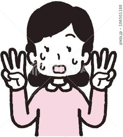 両手でそれぞれ3本指をして汗を出して慌てている女性の上半身イラスト 両手でそれぞれ3本指をして汗を出して慌てている女性の上半身イラスト 106501188