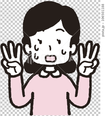 両手でそれぞれ3本指をして汗を出して慌てている女性の上半身イラスト 両手でそれぞれ3本指をして汗を出して慌てている女性の上半身イラスト 106501188