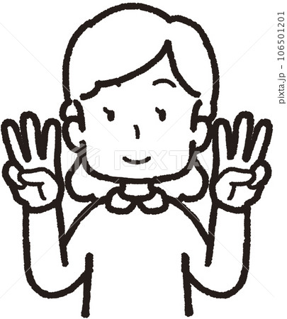 両手それぞれで3本指をして笑う女性の上半身線画イラスト 両手それぞれで3本指をして笑う女性の上半身線画イラスト 106501201