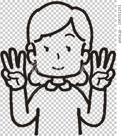 両手それぞれで3本指をして笑う女性の上半身線画イラスト 両手それぞれで3本指をして笑う女性の上半身線画イラスト 106501201