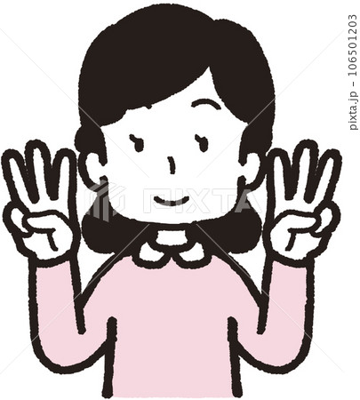 両手それぞれで3本指をして笑う女性の上半身イラスト 両手それぞれで3本指をして笑う女性の上半身イラスト 106501203