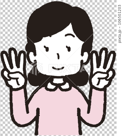 両手それぞれで3本指をして笑う女性の上半身イラスト 両手それぞれで3本指をして笑う女性の上半身イラスト 106501203