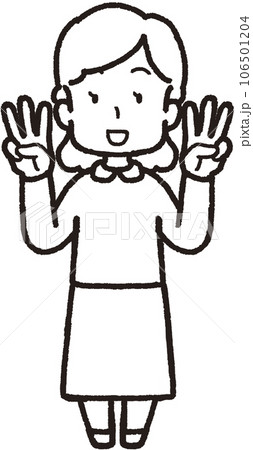 両手それぞれで3本指をして笑う女性の全身線画イラスト 両手それぞれで3本指をして笑う女性の全身線画イラスト 106501204
