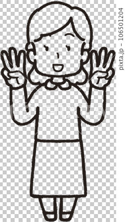 両手それぞれで3本指をして笑う女性の全身線画イラスト 両手それぞれで3本指をして笑う女性の全身線画イラスト 106501204