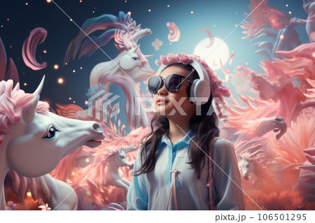 Boy wearing virtual reality headset and surreal unicorn. VR goggles. Generative AI 106501295
