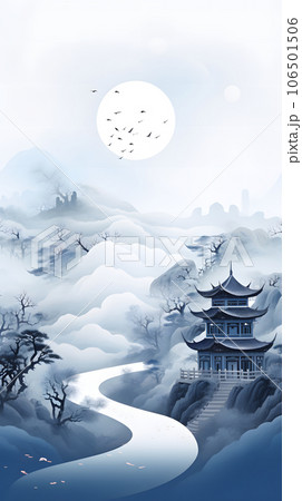 月が描かれた青い水墨画風の風景画 Generative AIのイラスト素材