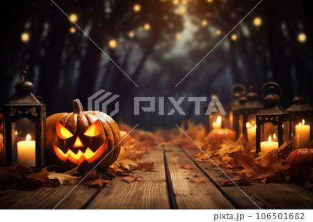 Halloween theme on wooden desk with copy space. thanksgiving. Generative AI 106501682
