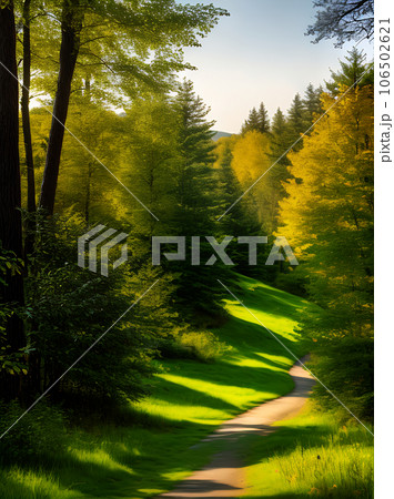 Shadowed coniferous forest with golden ink lines. 106502621