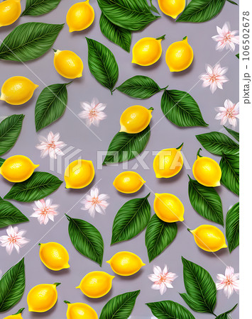 Lemons leaves on floral painted 3D background. 106502678