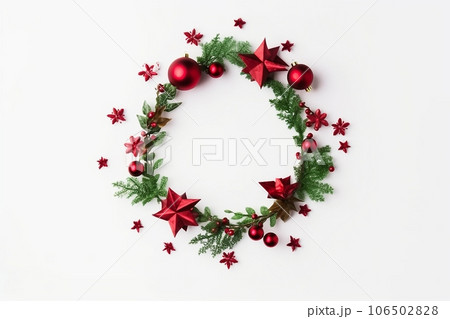 Christmas composition. Christmas wreath on white background. Flat lay, top view, copy space. 106502828