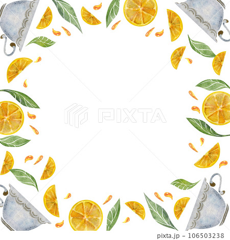 Watercolor hand drawn illustration. Tea porcelain pot cups lemon green leaves. Round wreath frame. Isolated on white background. For invitations, cafe, restaurant food menu, print, website, cards 106503238