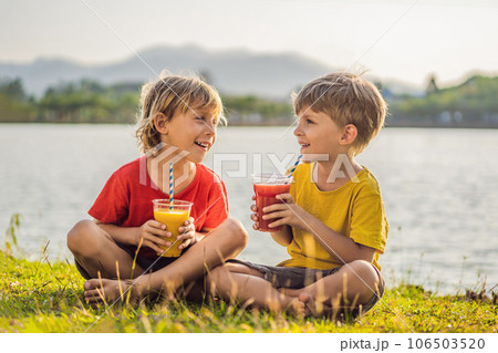Two boys drink healthy smoothies against the backdrop of palm trees. Mango and watermelon smoothies. Healthy nutrition and vitamins for children Two boys drink healthy smoothies against the backdrop of palm trees. Mango and watermelon smoothies. Healthy nutrition and vitamins for children 106503520
